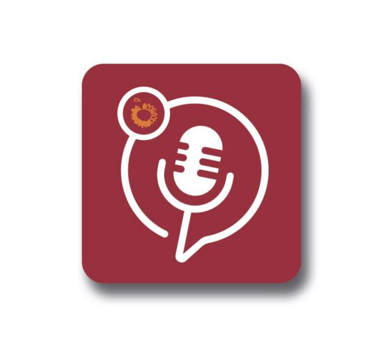 Ein rotes Quadrat mit einem weißen Mikrofon und einem kleinen orangefarbenen Kreis.