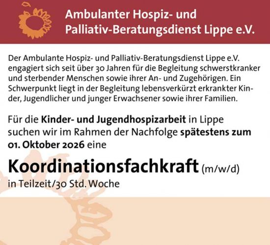Stellenangebot für Koord.fachkraft in Kinder- u. Jugendhospizarbeit