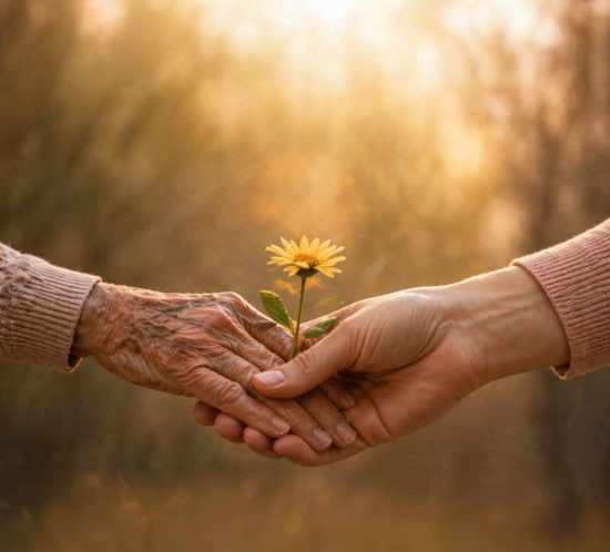 Ein ältere und eine jüngere Hand halten gemeinsam eine kleine gelbe Blume.