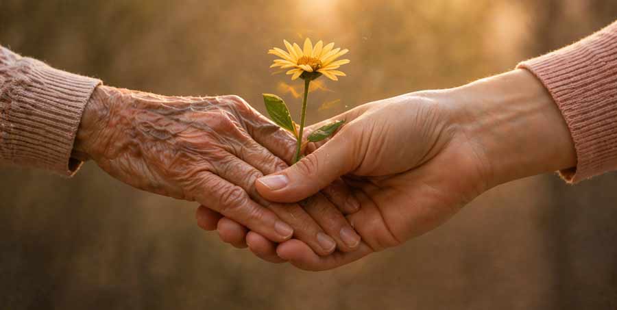 Ein Paar Hände die einander helfen. Eine Blume wird gehalten.