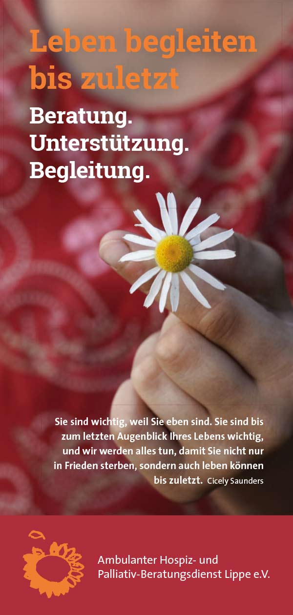 Eine Hand hält eine Gänseblümchenblüte vor einem unscharfen roten Hintergrund. Textelemente werben für den palliativmedizinischen Beratungsdienst.