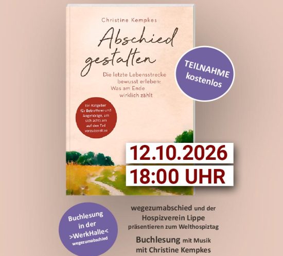 Plakat für die kostenlose Buchlesung 'Abschied gestalten' mit Christine Kempkes am 12.10.2026 im Hospizverein Lippe.