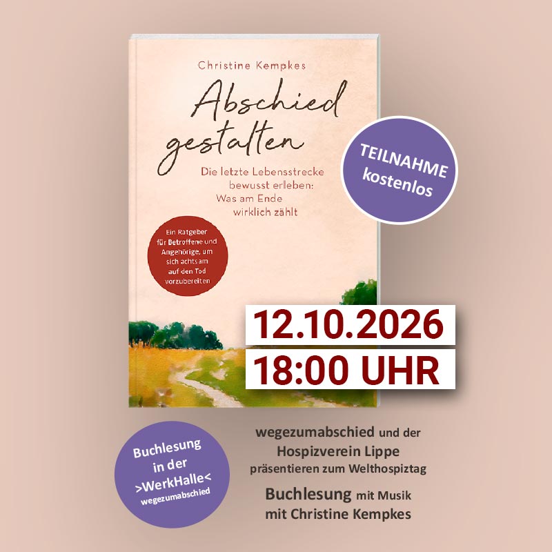 Plakat für die kostenlose Buchlesung 'Abschied gestalten' mit Christine Kempkes am 12.10.2026 im Hospizverein Lippe.